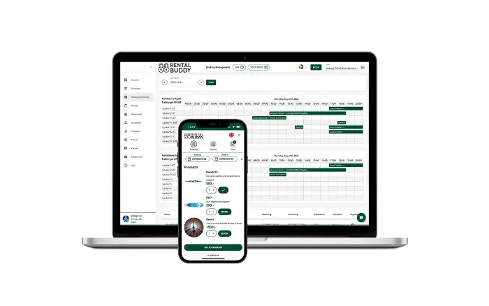 Rentalbuddys Admin tool and Check-out interface on mobile and desktop