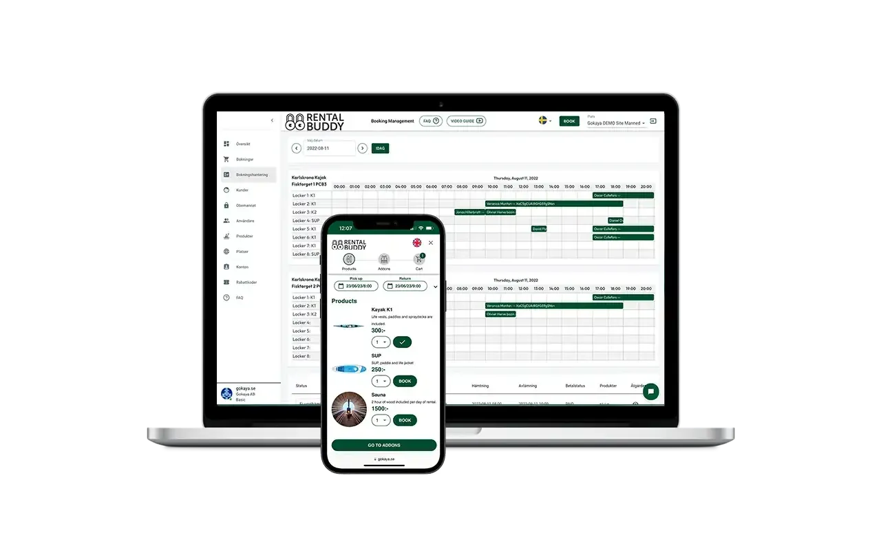 Rentalbuddys Admin-verktyg och gränssnitt för Check-out på mobil och dator