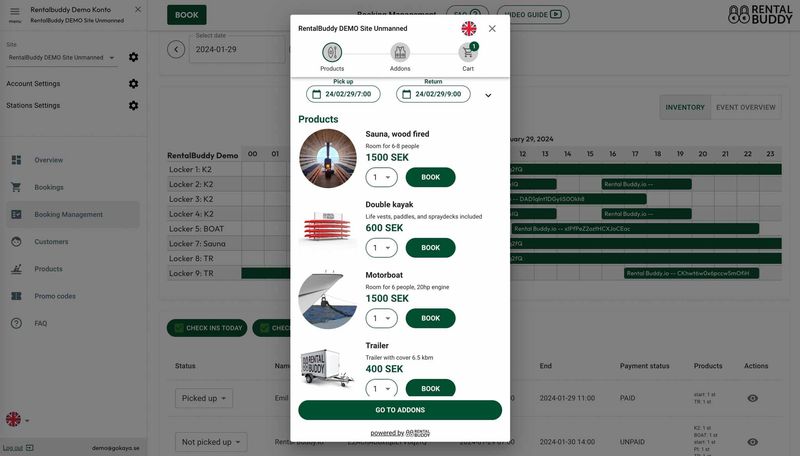 The Rentalbuddy admin with the booking calendar and a booking's details