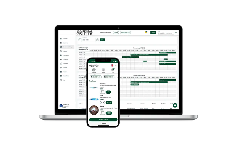 Rentalbuddy admin dashboard on a laptop and a phone showing the calendar, bookings, payments and PIN access