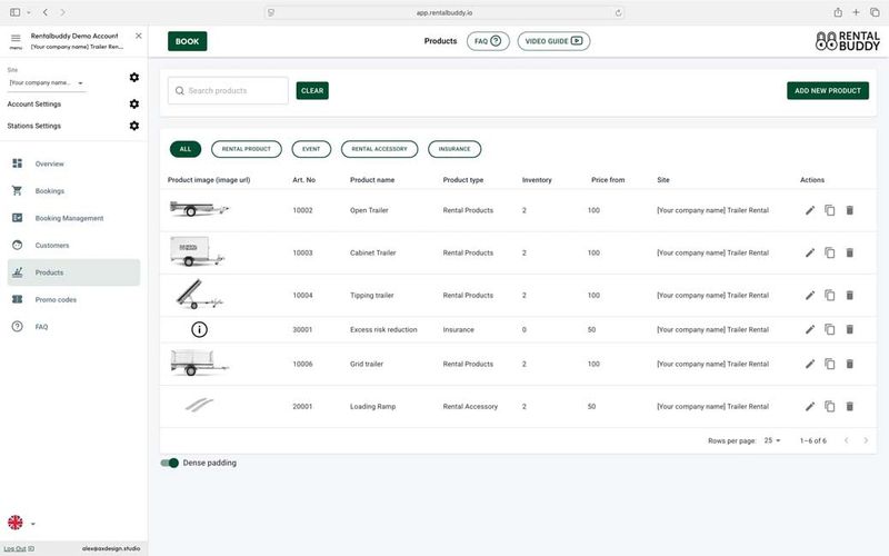The Rentalbuddy admin with the product list of a rental site