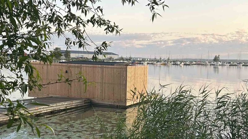 The Bastuflotten floating sauna moored by the marina in Mariestad