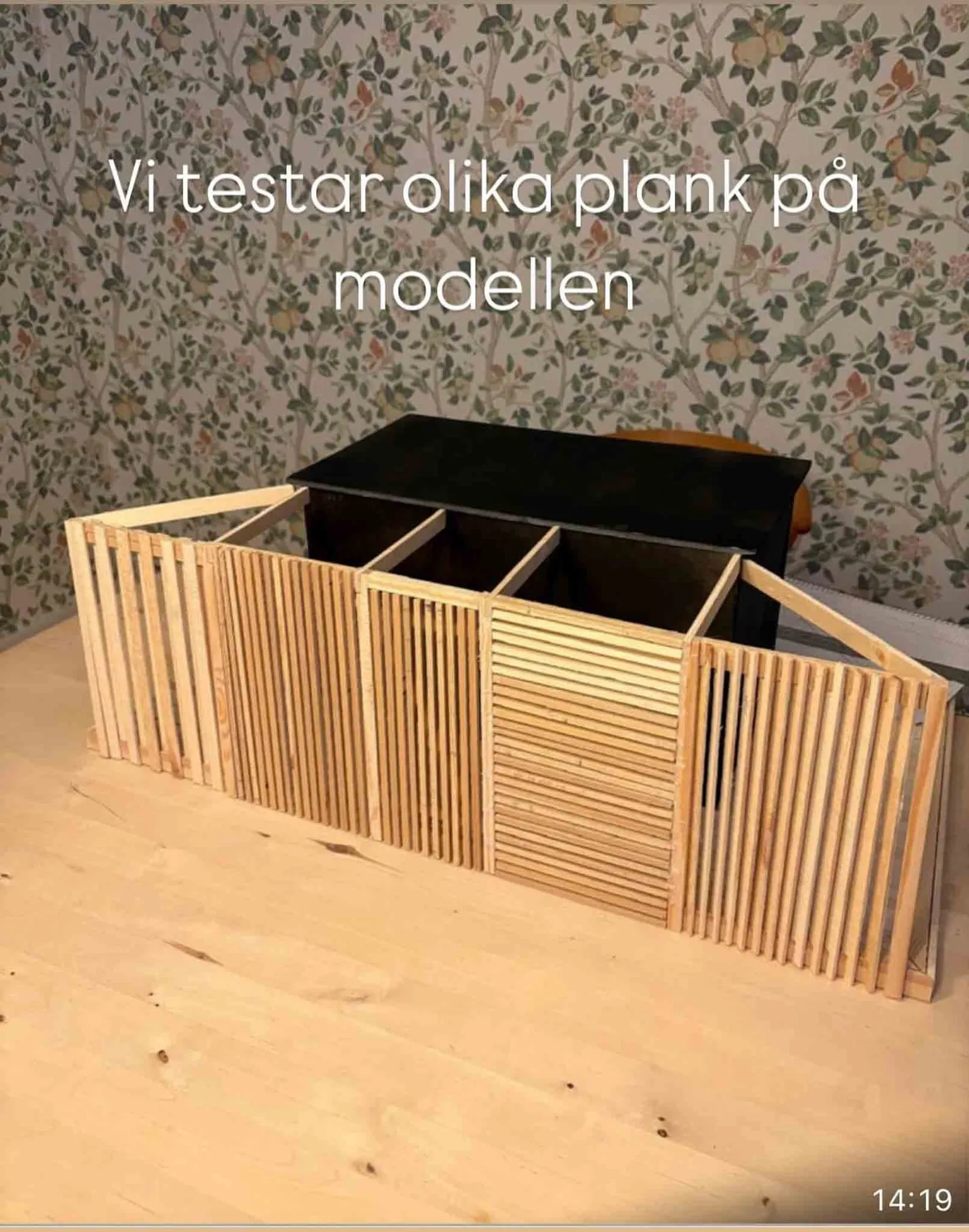 Mini model of Bastuflotten Mariestad sauna showing plank types and design testing before construction