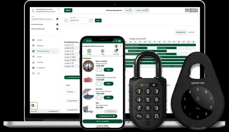 Rentalbuddy booking dashboard on a laptop and a phone with Igloo smart locks for self-service boat access