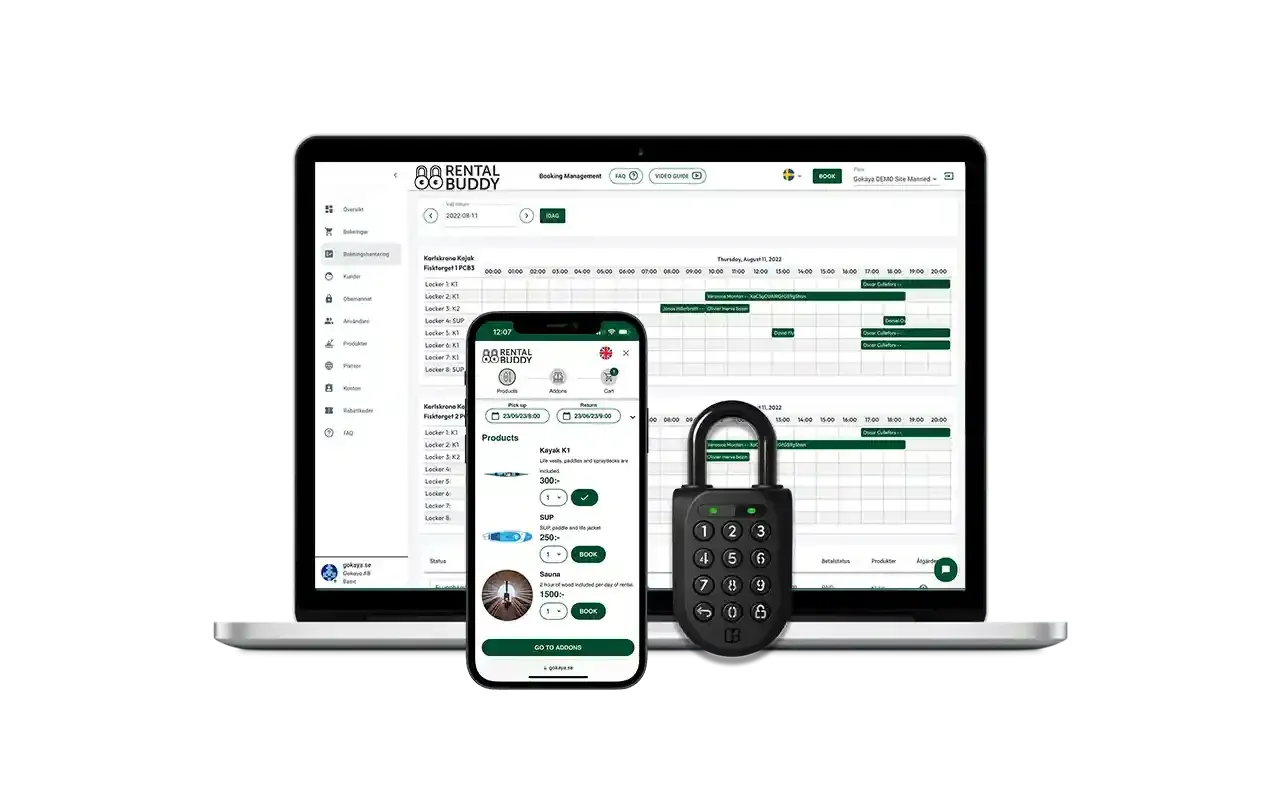 Rentalbuddy.io booking platform, admin view, booking view and digital igloo padlock