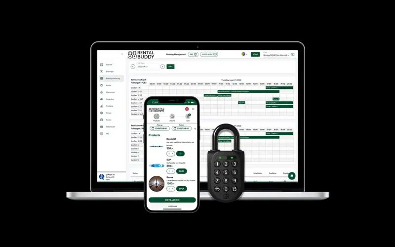 The Rentalbuddy booking system on a laptop and a phone next to a digital padlock