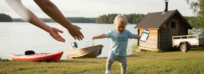 Toddler in a Rentalbuddy t-shirt walking towards an adult by a lake, holding a phone with the booking page