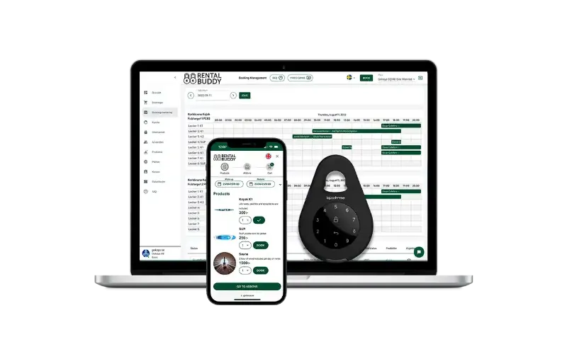 Rentalbuddy web app and digital keybox for self-service sauna bookings – online scheduling, payments, and access control.