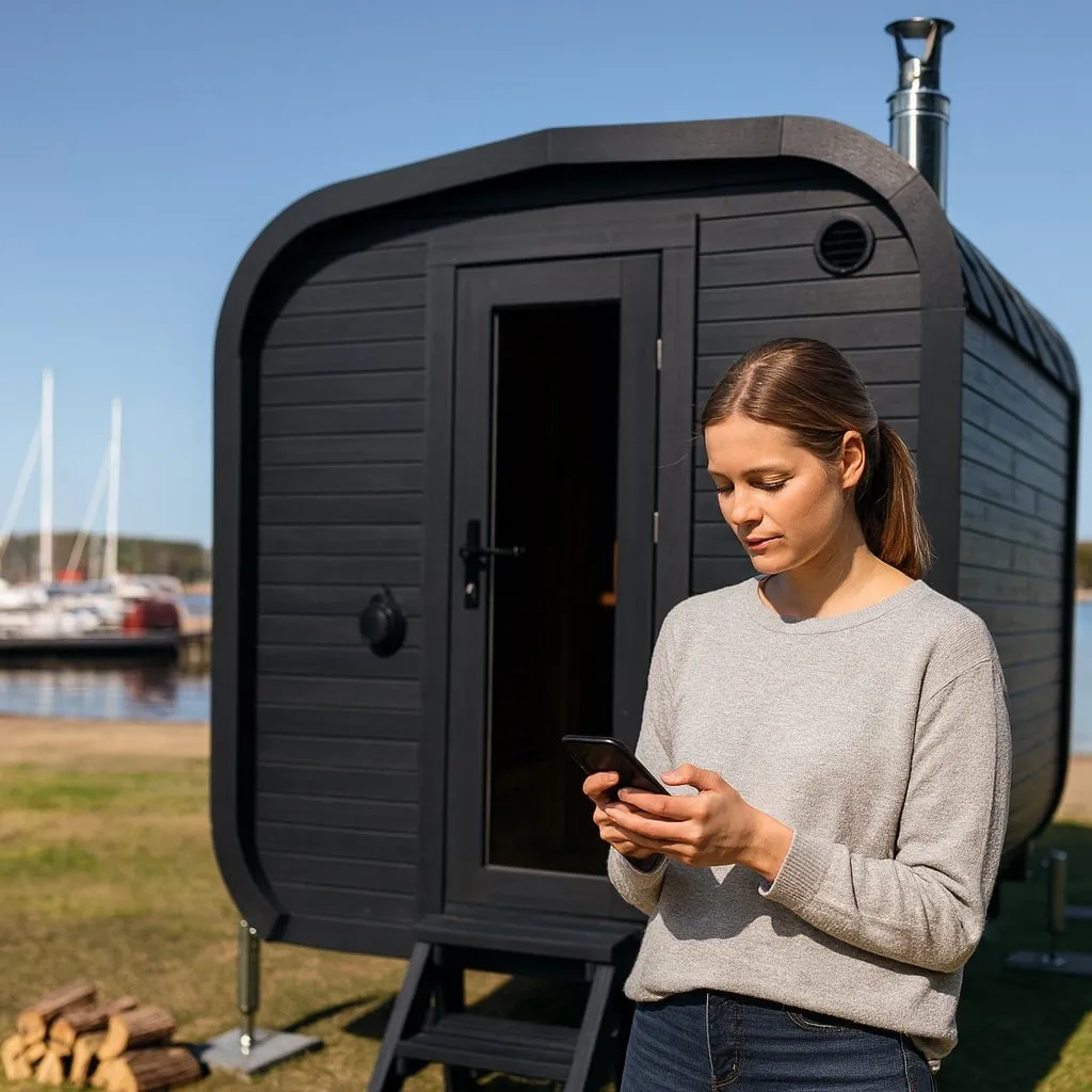 Woman unlocking Lilla Sauna in Svinninge using her phone with Rentalbuddy’s self-service booking sys
