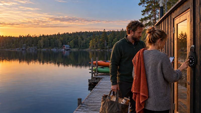 Guest typing the PIN code from her booking on the key box of a self-service sauna by a lake