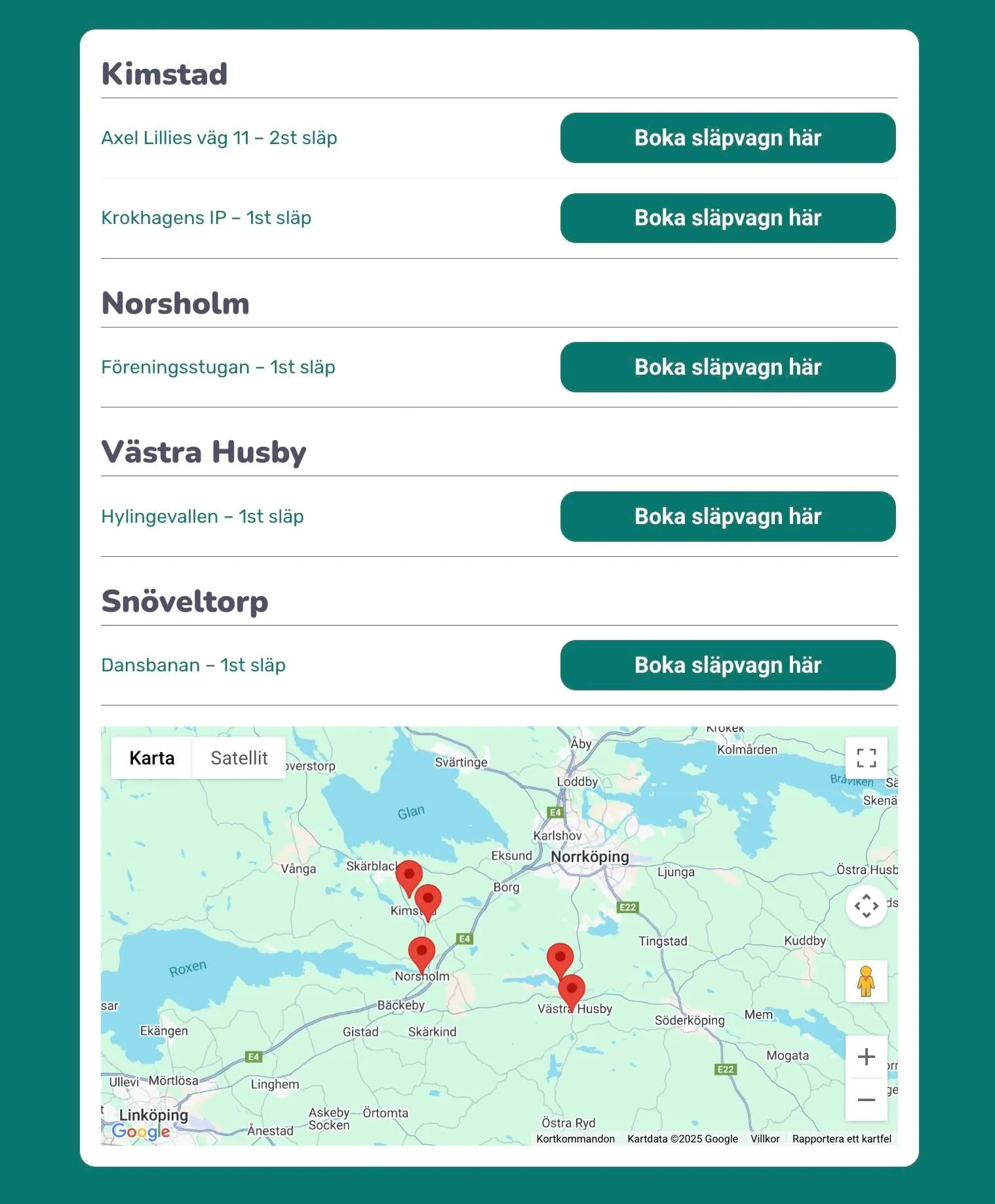 Förteckning över Hyr av Bröderna trailerstationer i Kimstad, Norsholm, Västra Husby och Snöveltorp med karta.