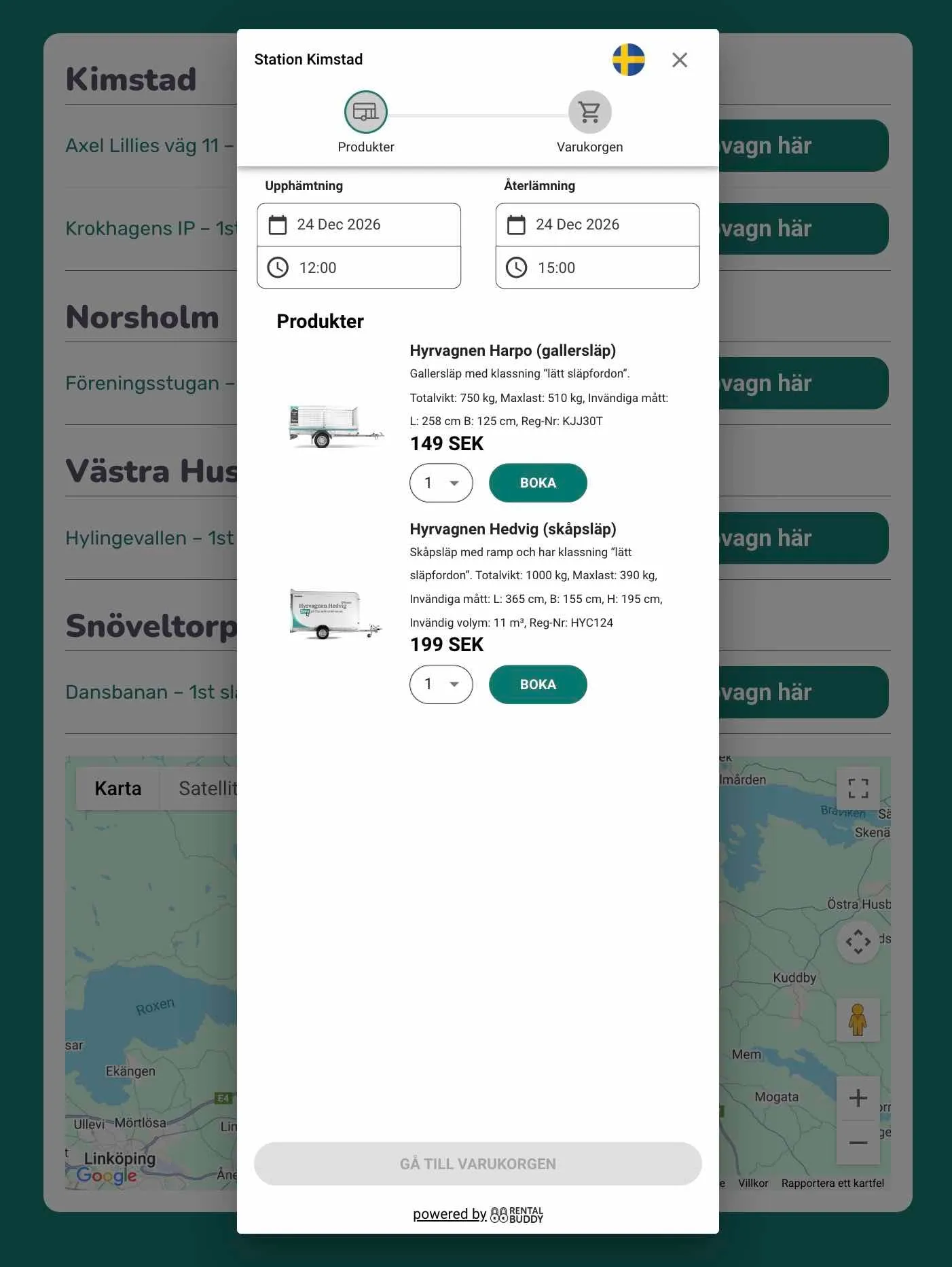 Rentalbuddy bokningswidget som visar trailers och tidsval för Station Kimstad vid Hyr Av Bröderna.