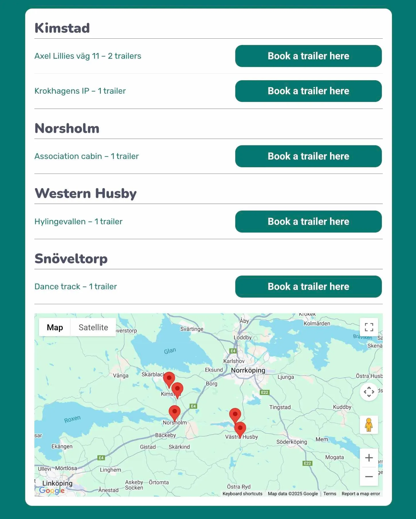 List of Hyr av Bröderna trailer stations in Kimstad, Norsholm, Västra Husby and Snöveltorp with map.