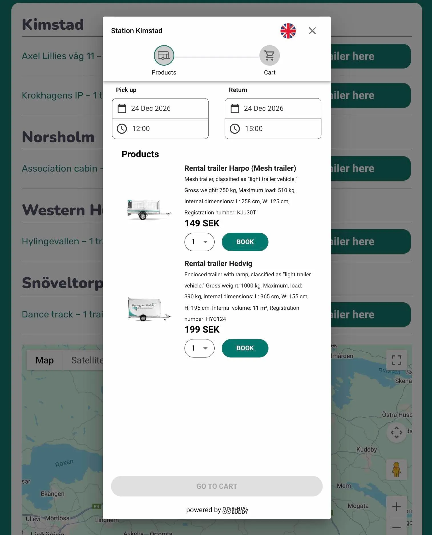 Rentalbuddy booking widget showing trailers and time selection for Station Kimstad at Hyr Av Bröderna.