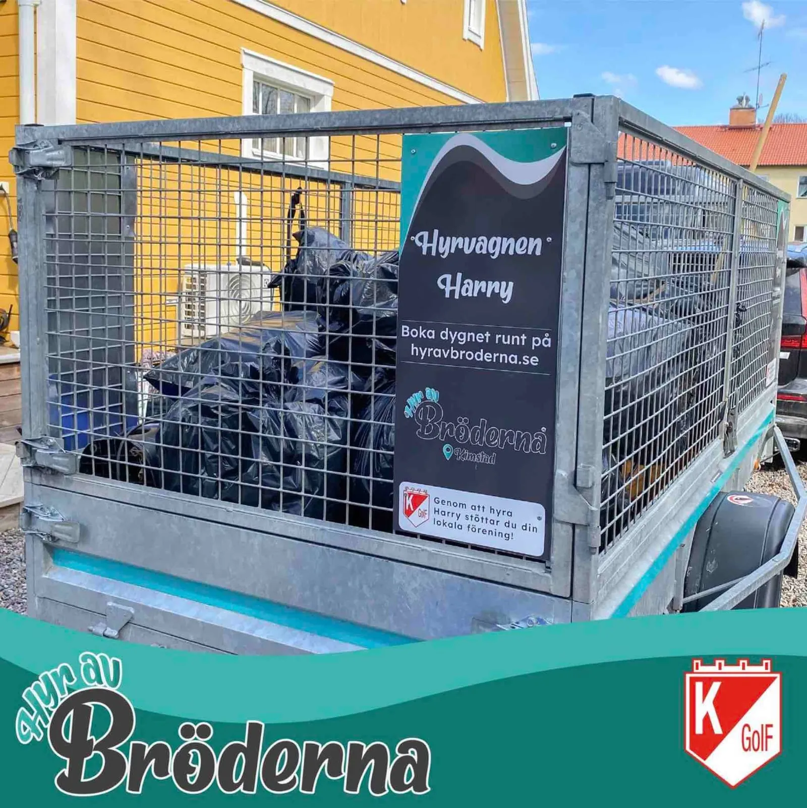 Hyrvagnen Harry, a club trailer from Hyr Av Bröderna that can be booked 24/7 and supports local sports club K GoIF.