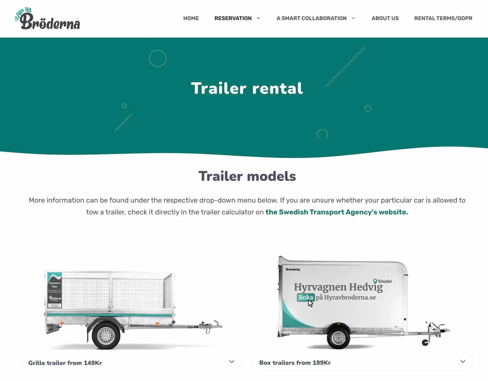 Self-service trailer rental at Hyr Av Bröderna showing different trailer models and prices.