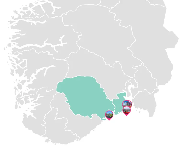 Map of south norway where kajakkbox rentals are located