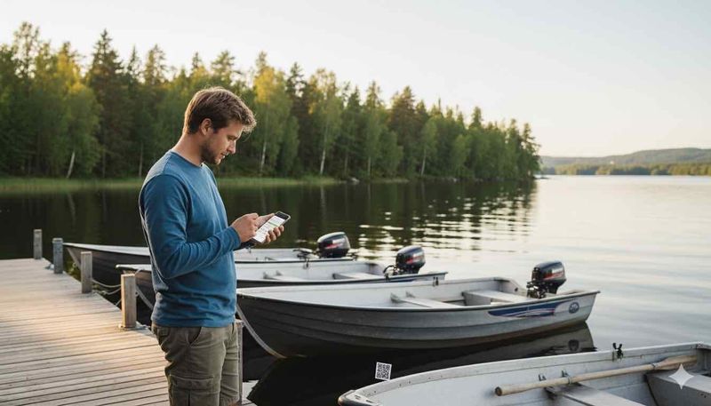 Small marina with rental boats, the owner on the dock managing bookings on his phone