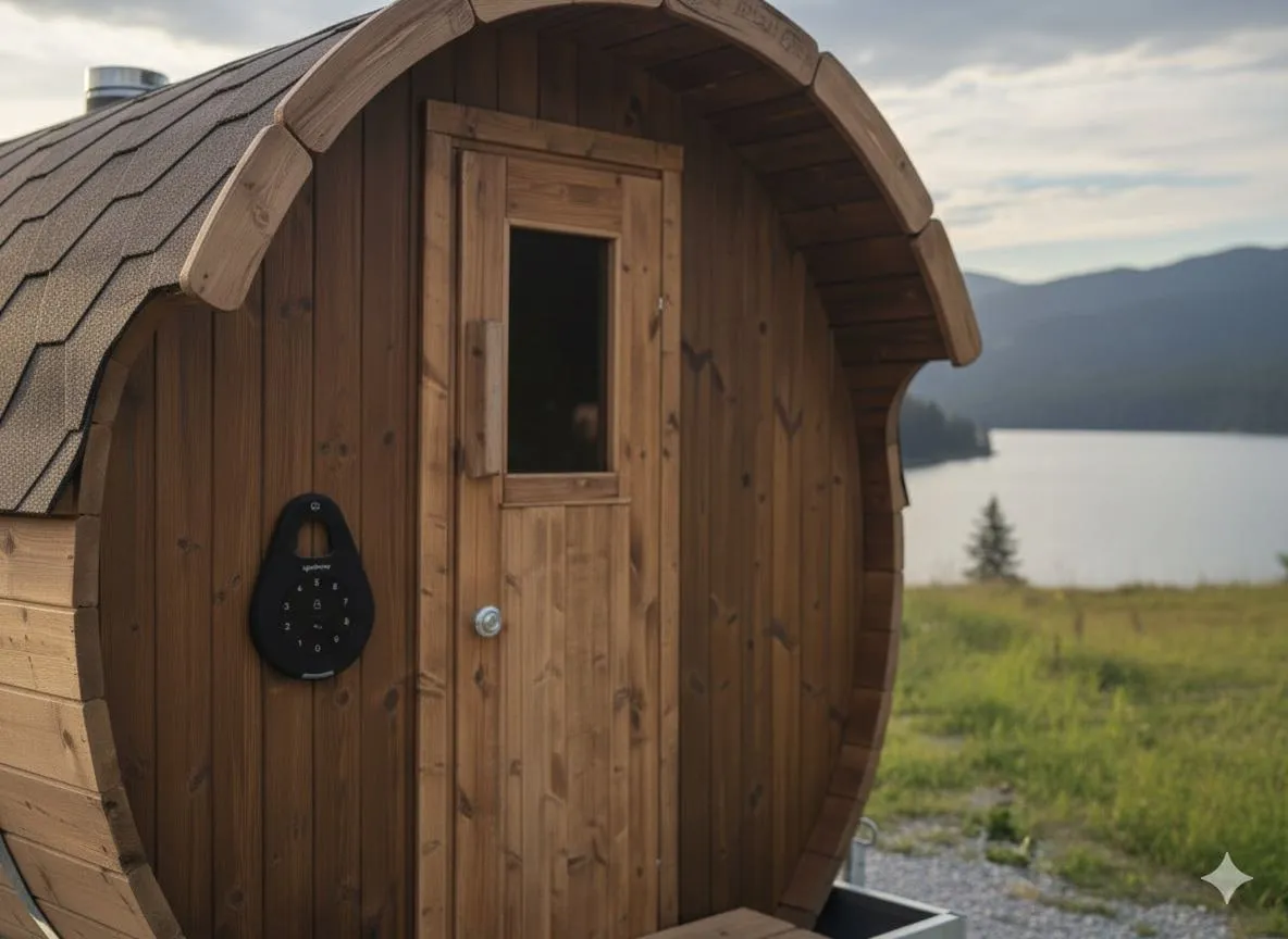 Igloohome digital lock installed on mobile sauna door for secure self-service access