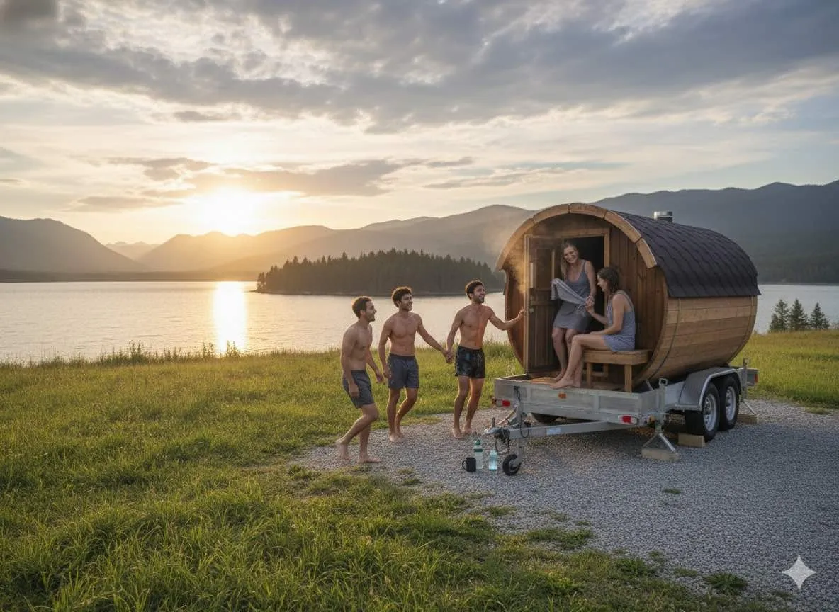 Guests enjoying mobile sauna by a lake – self-service rental experience.