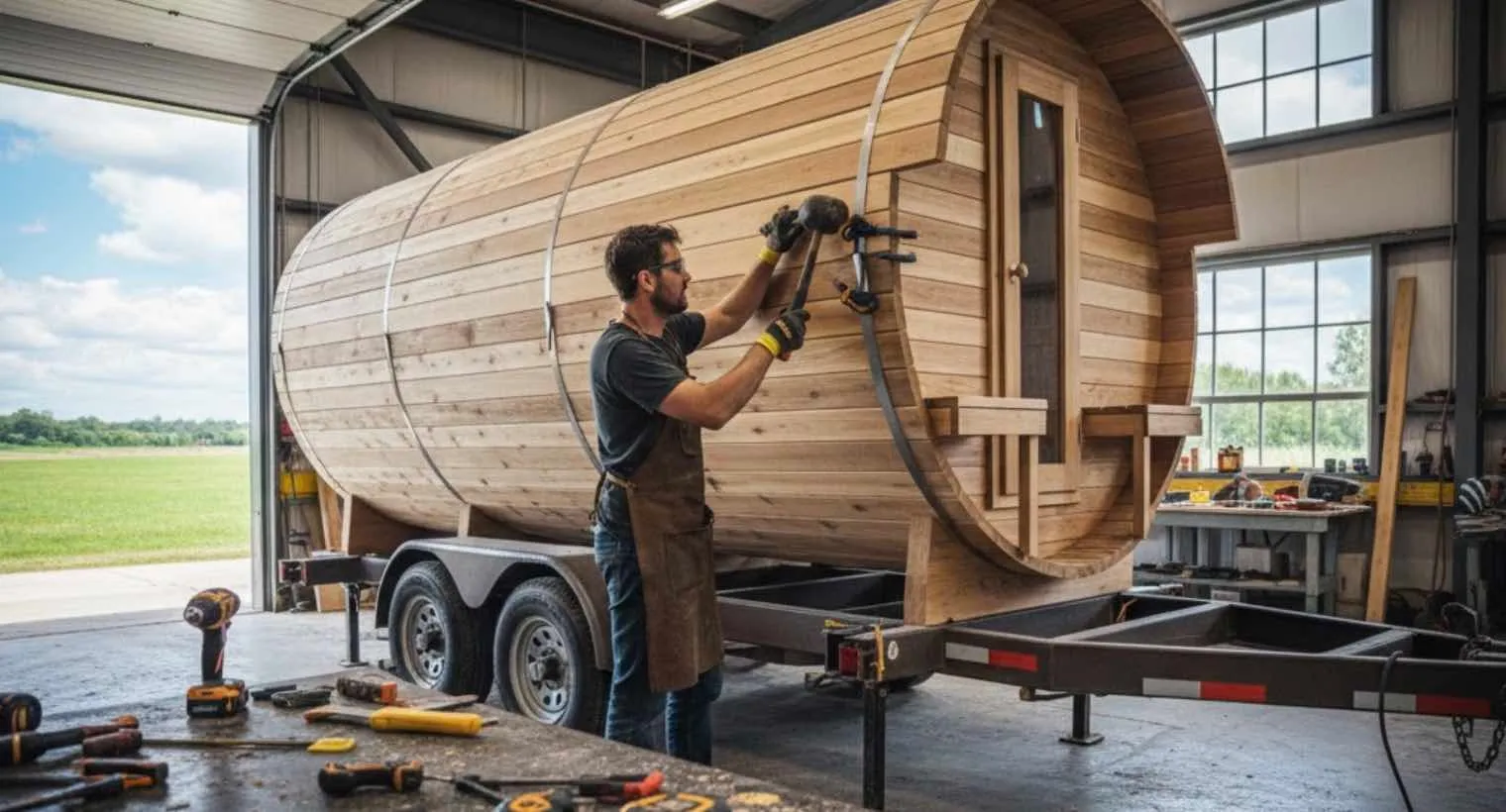 Crafting a mobile barrel sauna – handmade woodwork and design.