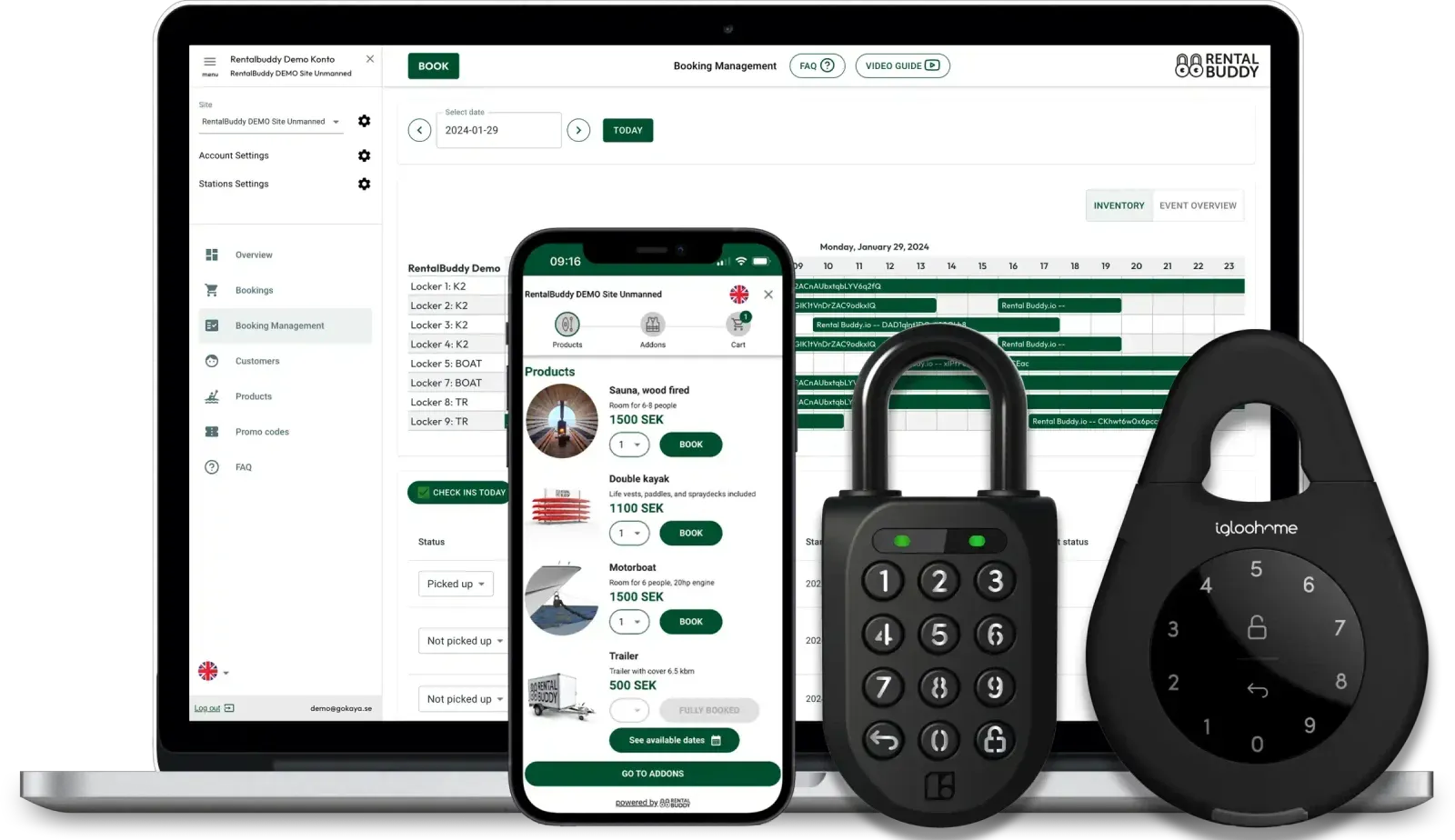The Rentalbuddy admin’s booking calendar on a laptop, the booking window on a phone, and an Igloohome padlock and key box