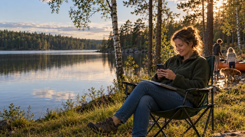 Rental owner relaxing in a camping chair by the lake with her family, glancing at her phone while bookings run on their own