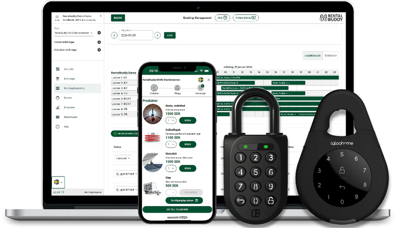The Rentalbuddy booking platform on a laptop and a phone next to an Igloohome padlock and keybox