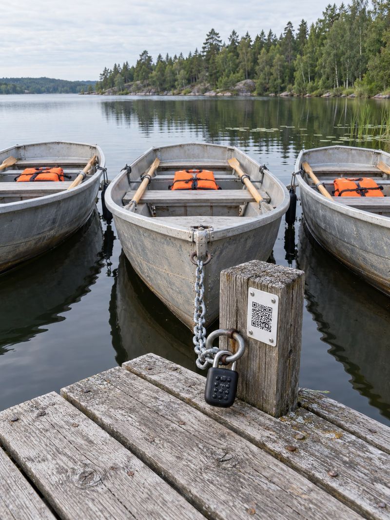 Rowing boats for self-service rental at a jetty, the nearest chained with a code padlock