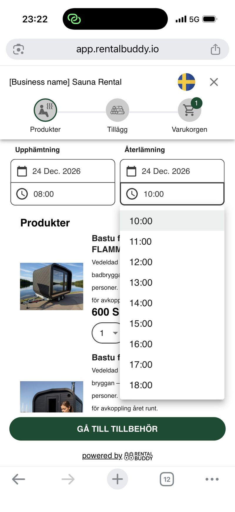Bastubokning i Rentalbuddys bokningsflöde i mobilen