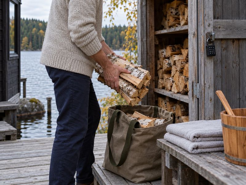 Sauna guest taking birch firewood booked as an extra, with towels ready on the bench by the woodshed