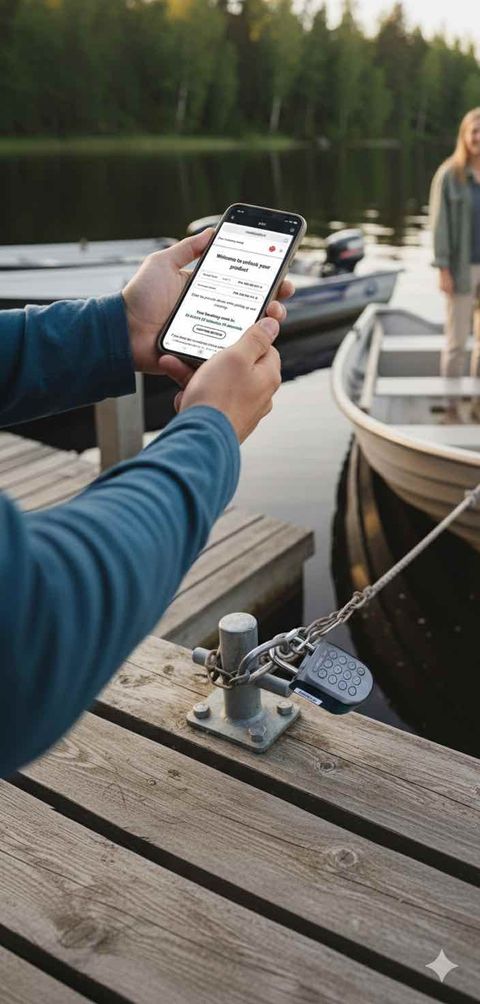 Renter on a jetty checking his booking on his phone next to a moored rental boat