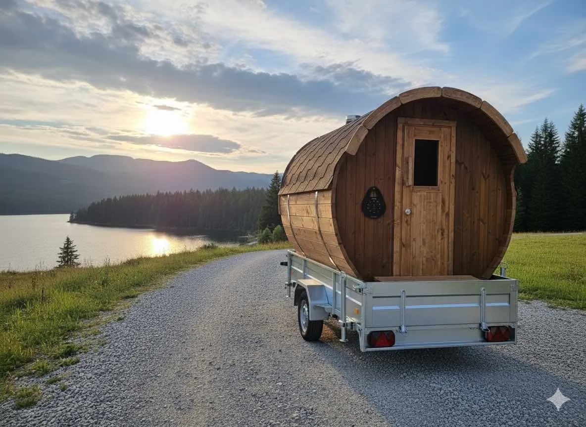 A wooden barrel sauna mounted on a trailer, ready to travel.