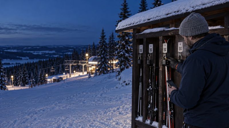 Renter at dusk with his hand on the code padlock of a self-service ski rack by the lift, phone ready to confirm the return