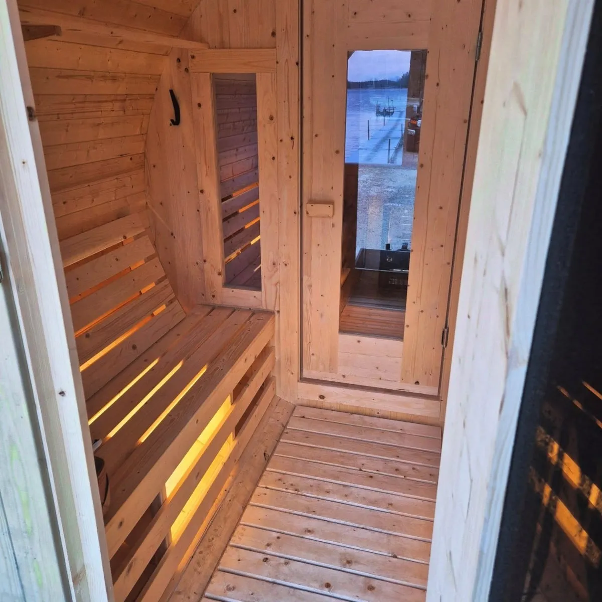 Inside the wooden sauna at Strandstuvikens Havsbad & Camping