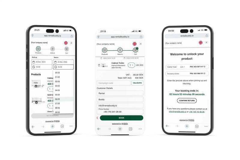 Three phones showing the trailer booking flow: choosing a time, paying and unlocking