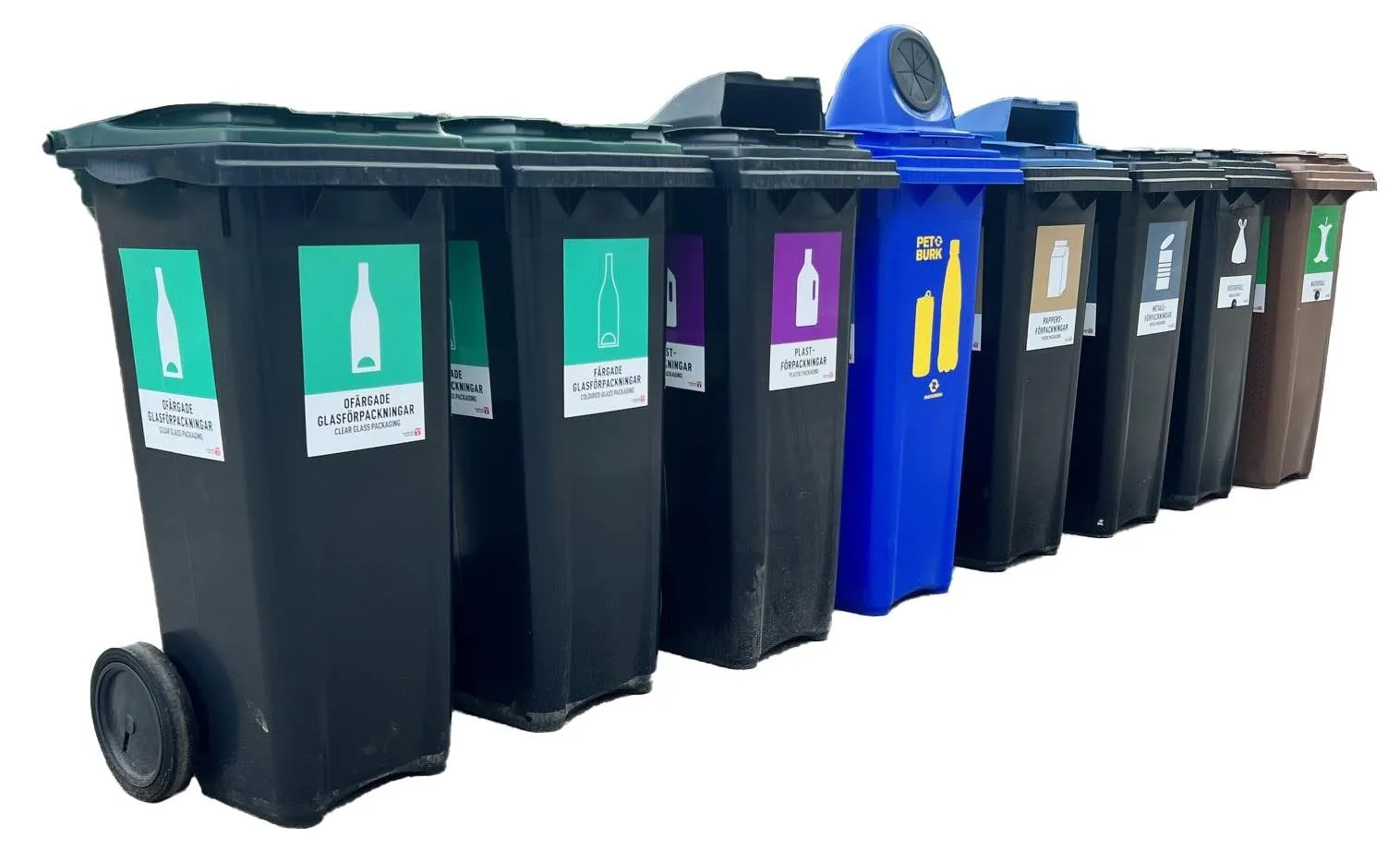 Four sets of eight bins for sorting outside.